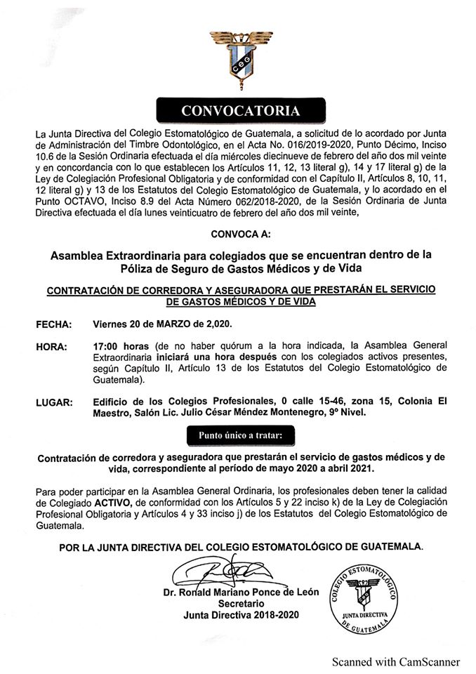 Convocatoria Asamblea Extraordinaria para colegiados que se encuentran dentro de la Póliza de Seguro de Gastos Médicos y de Vida.