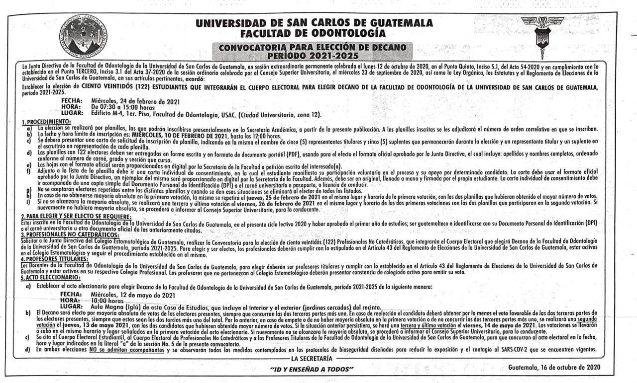Convocatoria para Elección de Decano de la Facultad de Odontología de la Universidad de San Carlos de Guatemala periodo 2021-2025