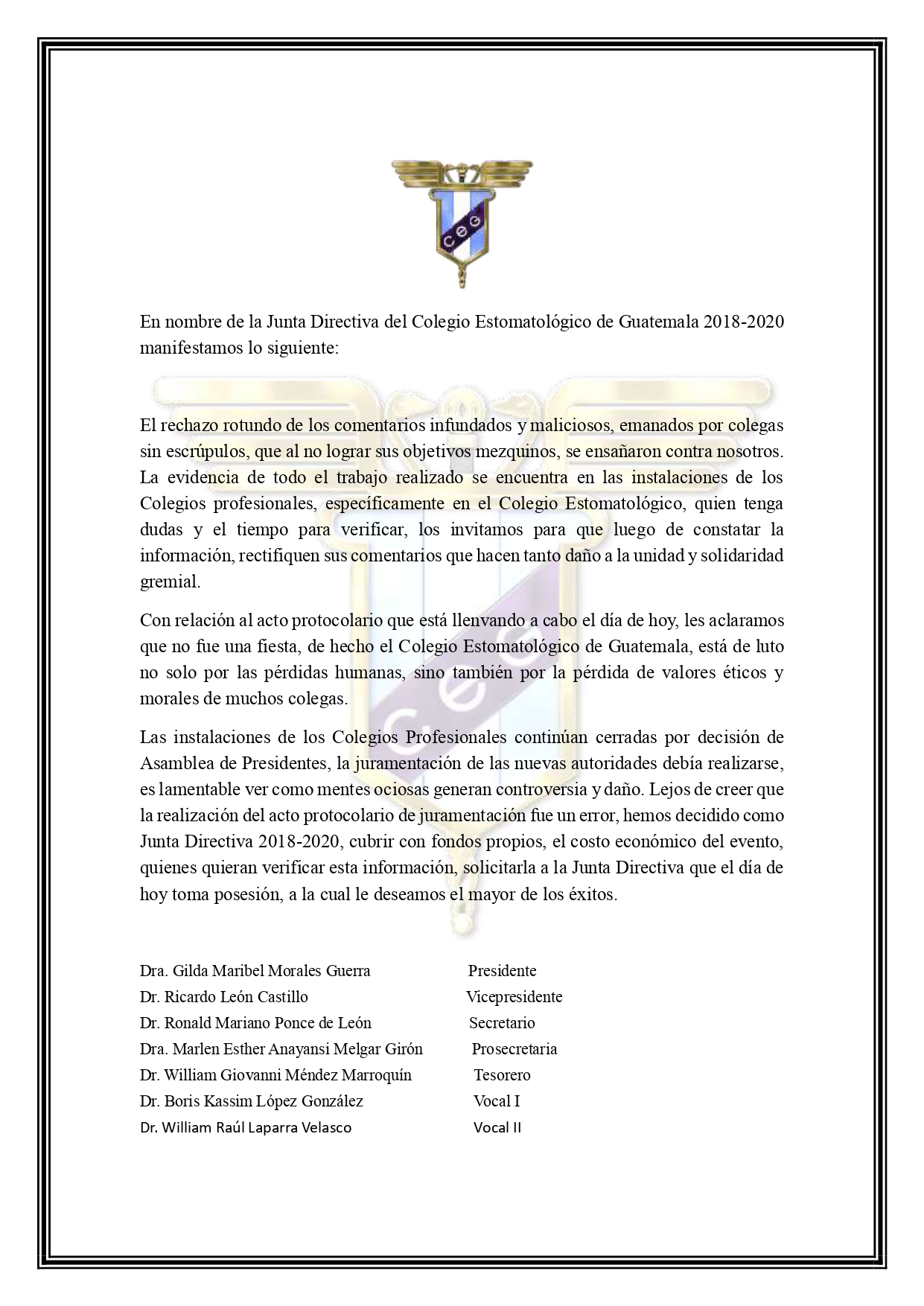 Comunicado Junta Directiva 2018-2020