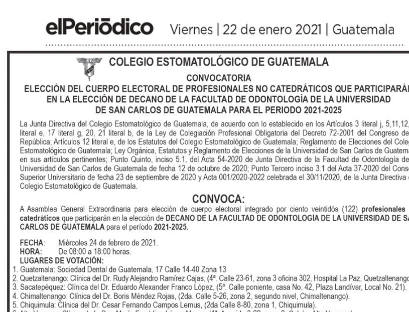 Convocatoria: Elección de Cuerpo Electoral de Profesionales no catedráticos que participarán en las elecciones de Decano de la Facultad de Odontología de la Universidad de San Carlos
