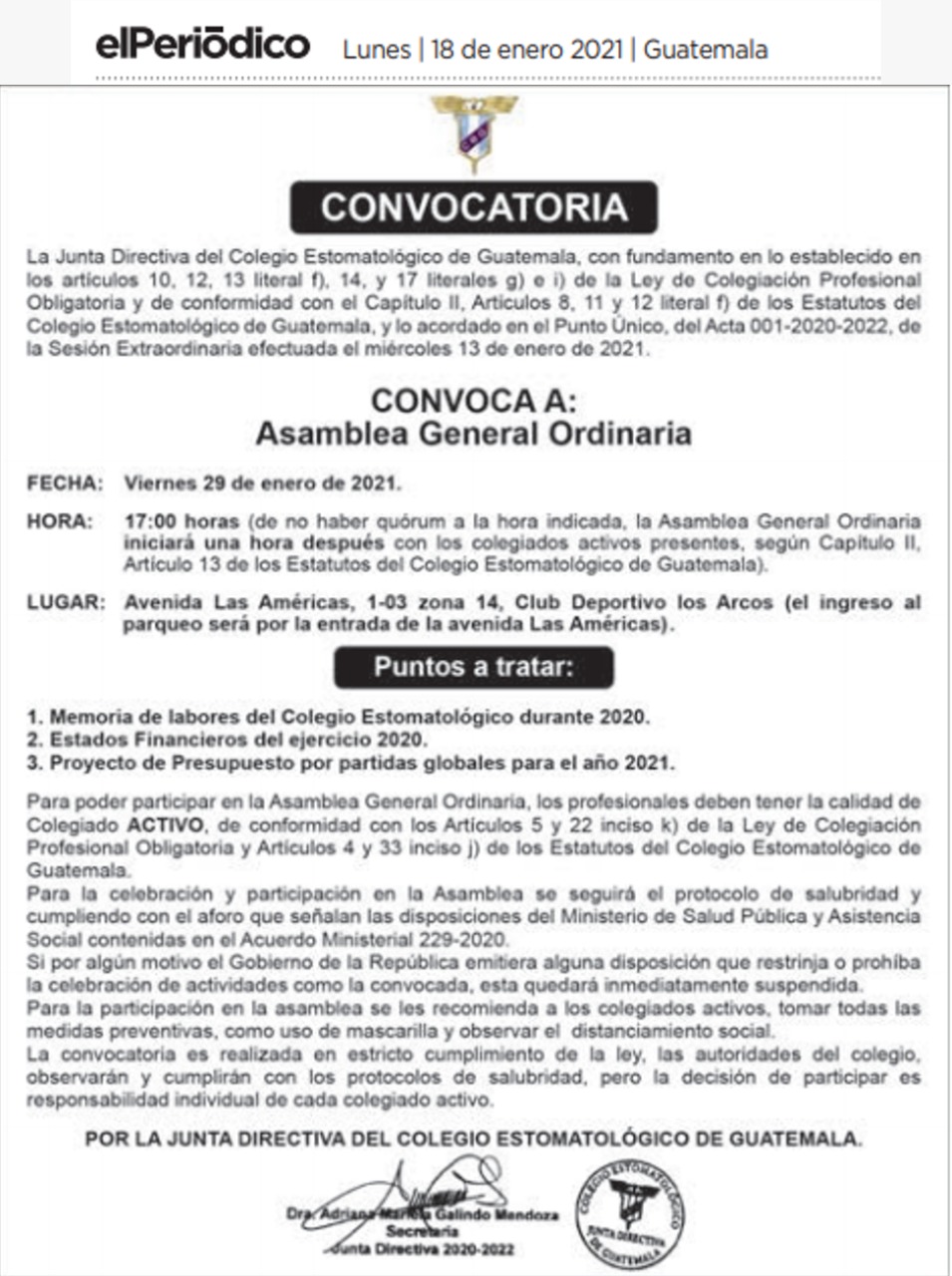 Convocatoria Asamblea General Ordinaria