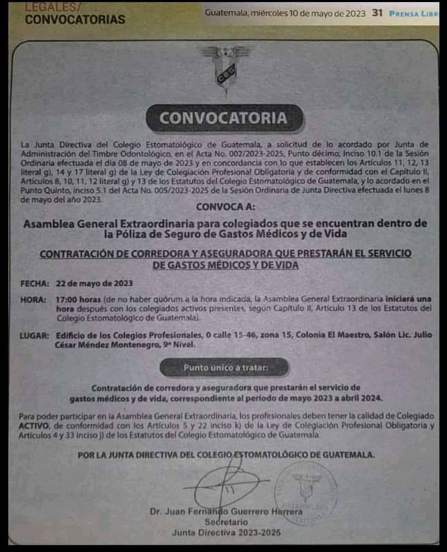 Asamblea General Extraordinaria para colegiados que se encuentran dentro de la Póliza de Seguro de Gastos Médicos y de Vida.