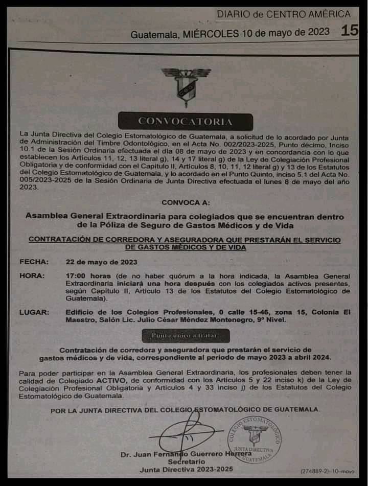 Asamblea General Extraordinaria para colegiados que se encuentran dentro de la Póliza de Seguro de Gastos Médicos y de Vida.