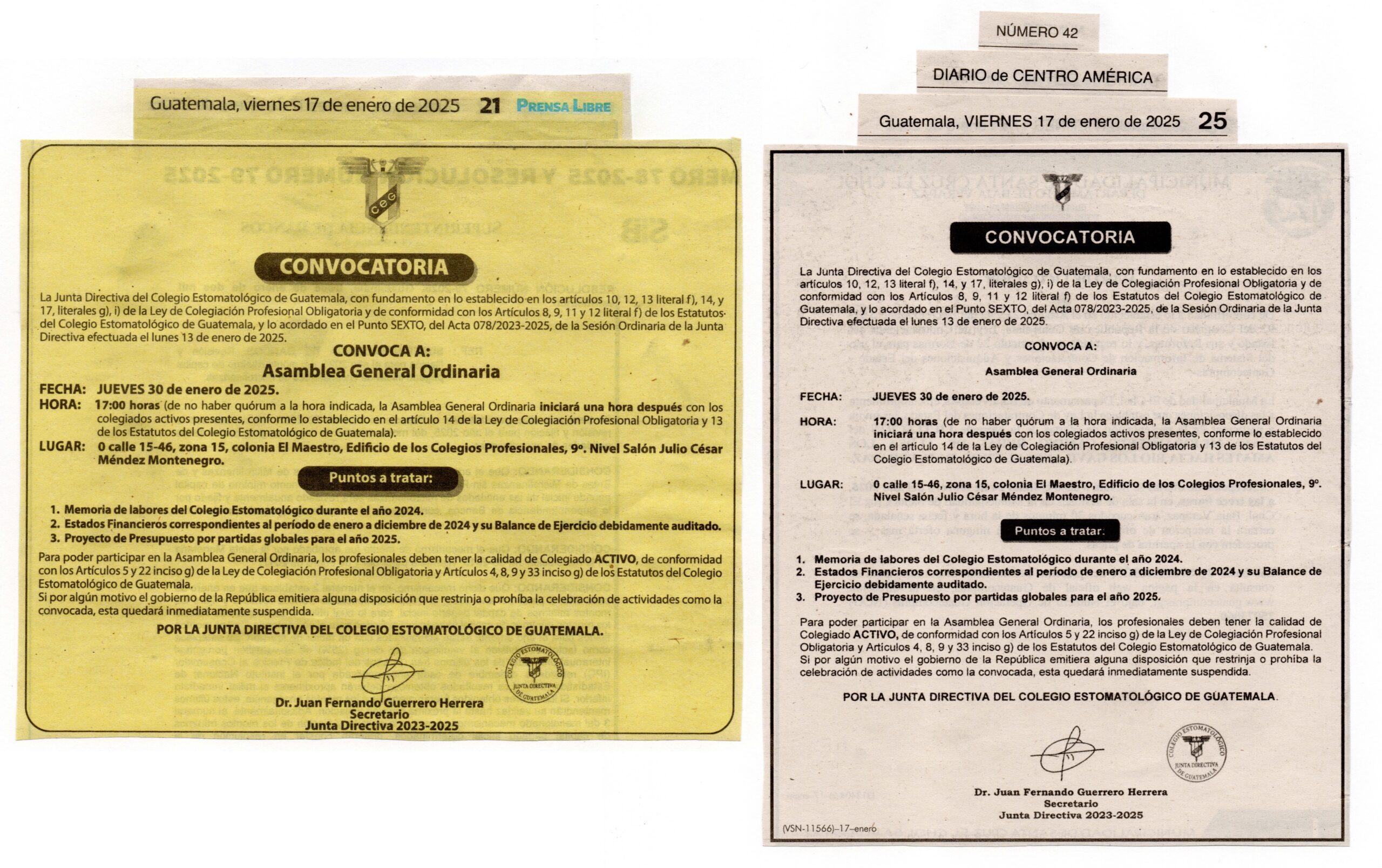 CONVOCATORIA Asamblea General Ordinaria enero 2025